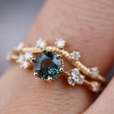 Stunning Green Sapphire and White Diamond 14K Solid Yellow Gold Floral Bridal Set