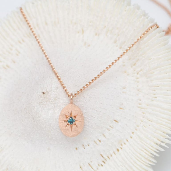 blue star daily necklace, met finished oval shape Solid 14k rose gold blue diamond pendant, necklace