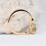 Art deco Hexagon, Green Sapphire Engagement Ring White diamond Solid 14k Yellow Gold Ring