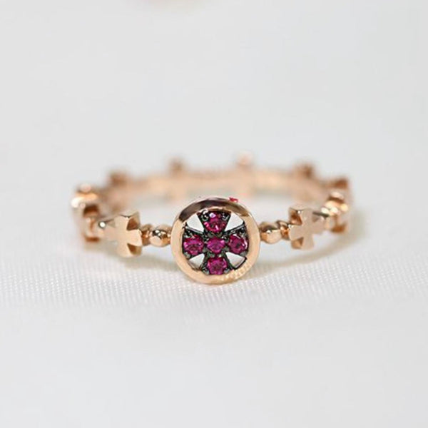 Ion Cross 14k Rose Gold Rosary ring, Pink Sapphire ring