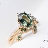 Special& Rare Olive Green Sapphire Vintage Engagement ring 1.2 ct oval sapphire ,white diamond , solid 14k yellow gold ring