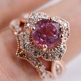 The queen of Floral Pink Tourmaline engagement ring , White diamond 14k Rose Gold Vintage Ring