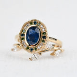 Art deco floral, solid 14k yellow gold engagement ring blue sapphire & color diamond ring